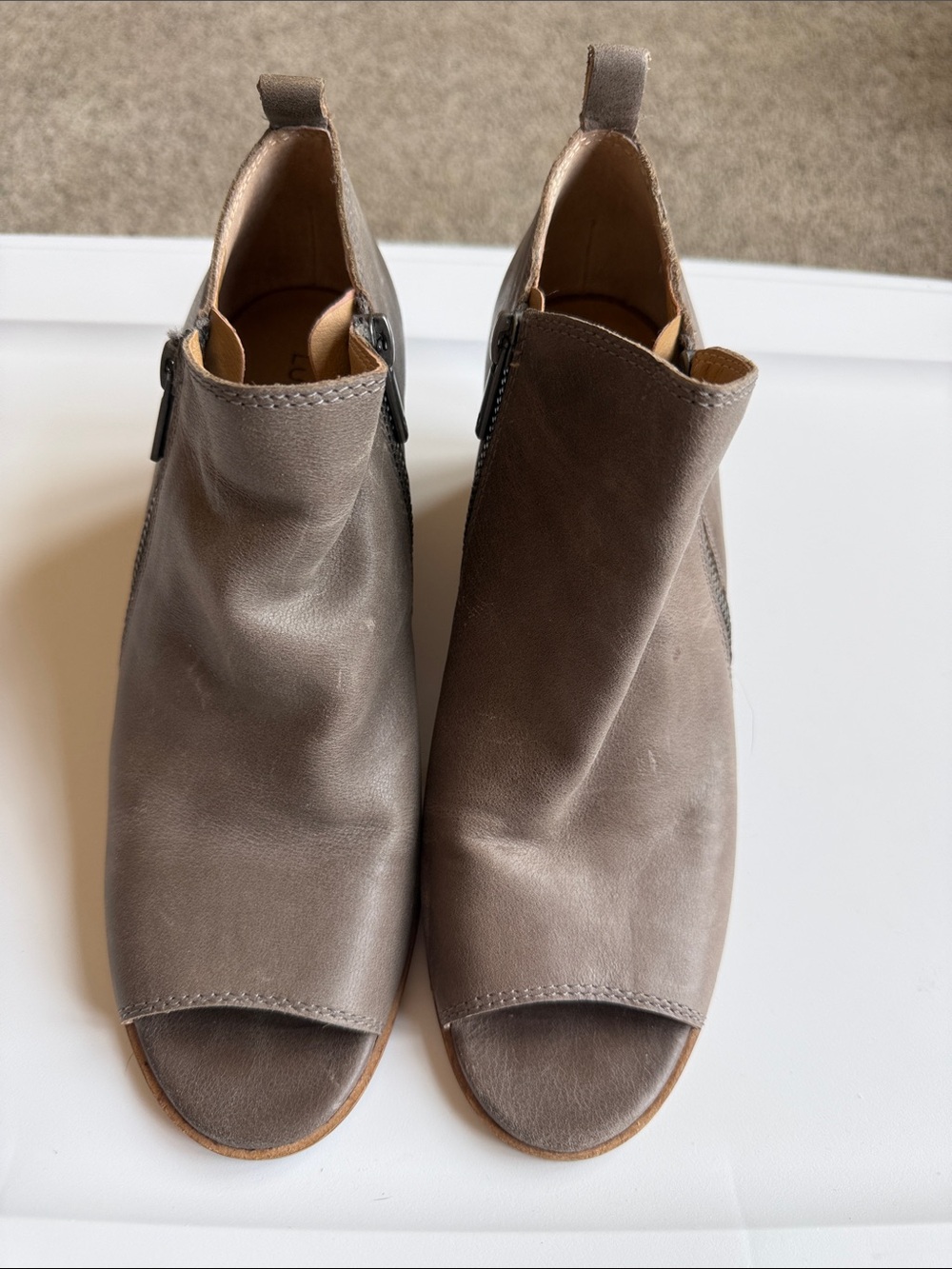 Lucky Brand Taupe Open-Toe Mule Booties